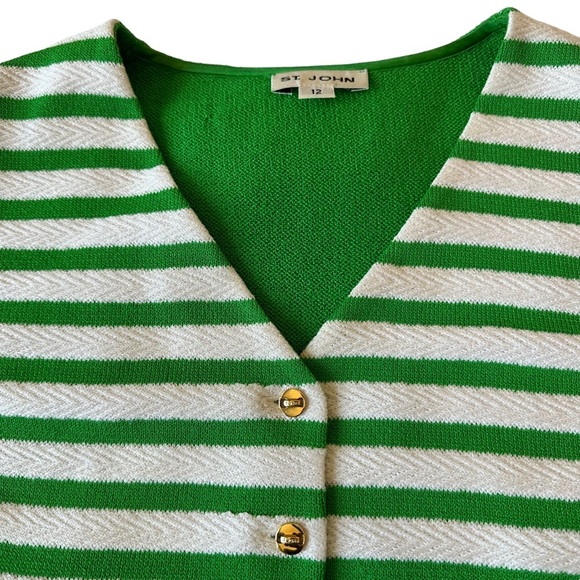 St John Green & White Striped Vest Gold Button Size 12 - Picture 2 of 10